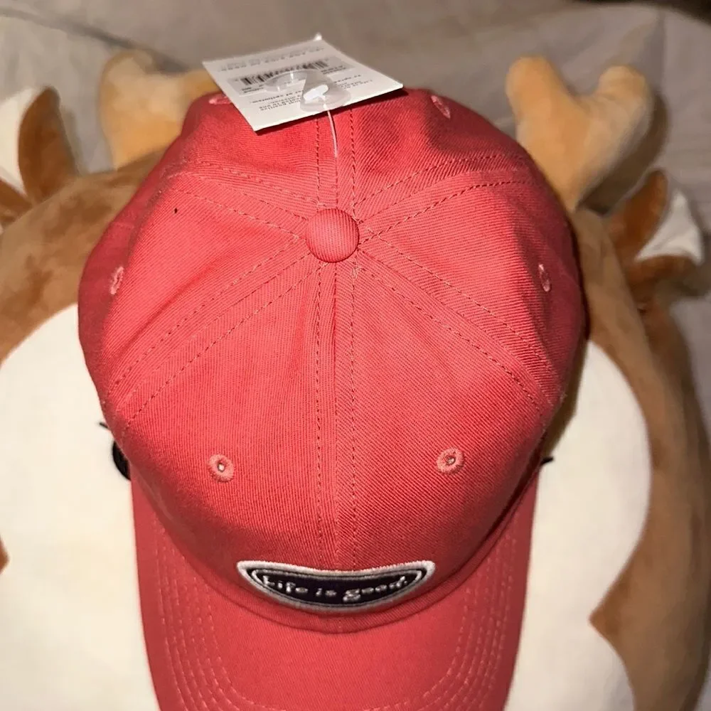 LIFE IS GOOD Coral Pink Navy White Embroidered Tattered Chill Cotton Cap